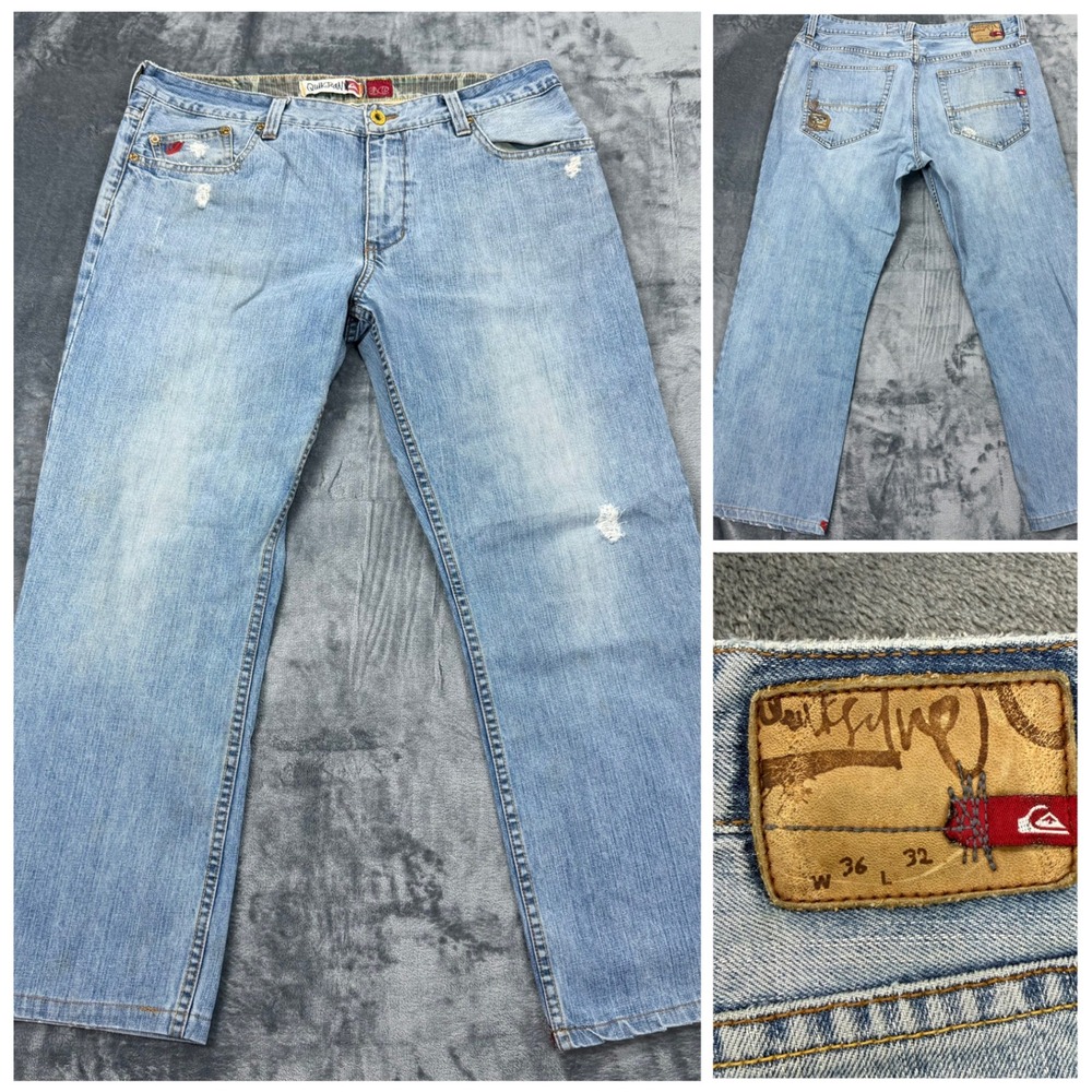 Quiksilver Surf QuikJean Mens Relaxed Fit Distressed Light Wash Blue Jeans 36x32